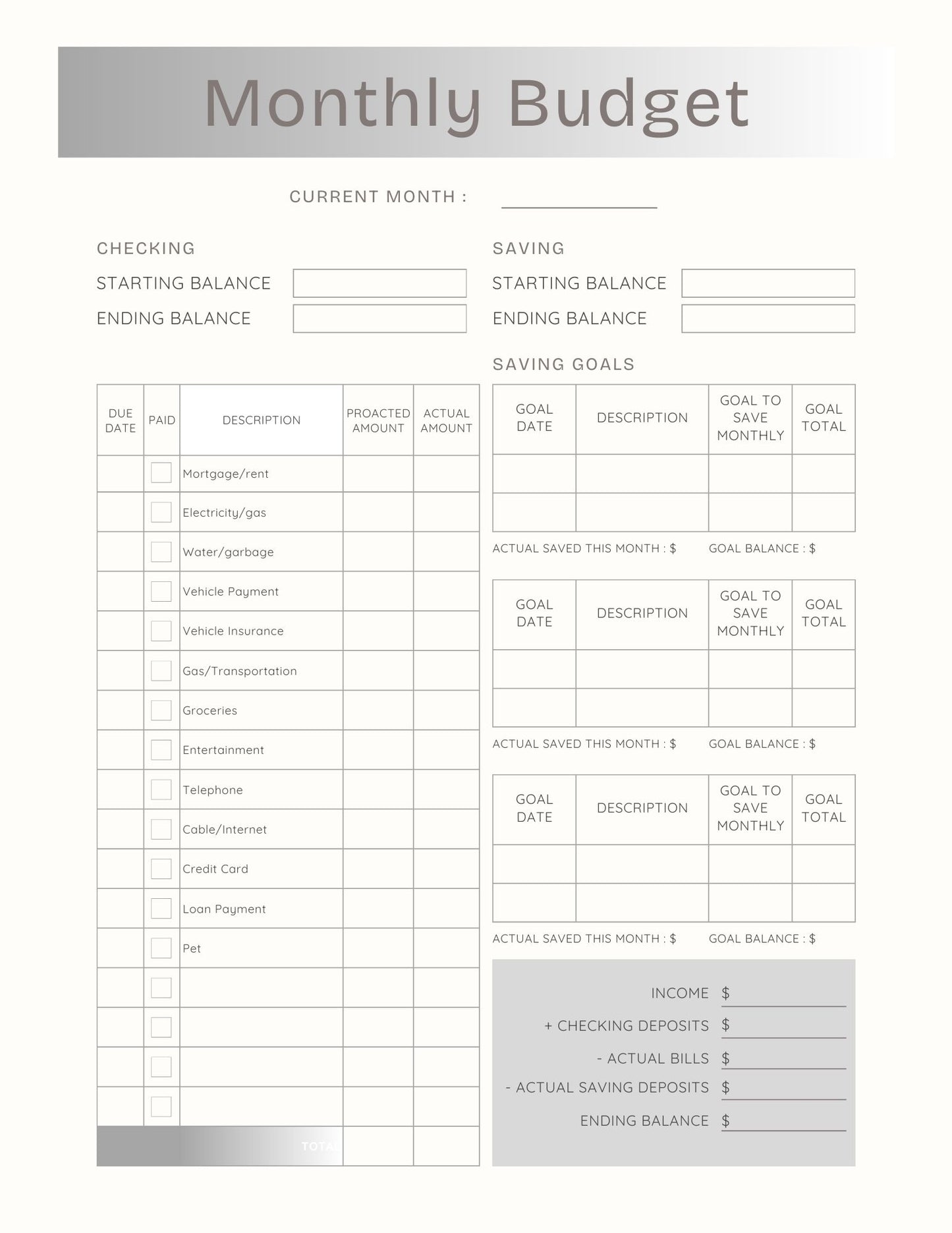 Shades of Grey - Monthly Planner